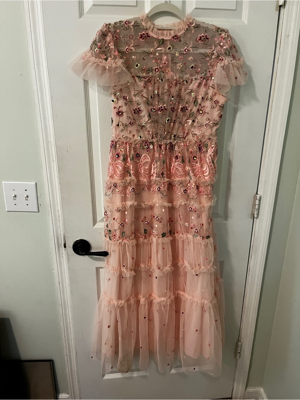 Pink Embroidered Tiered Tulle Dress